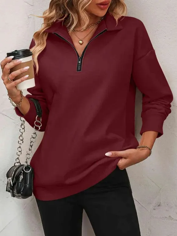 Women's Fashion Half Long sleeve Zipper Sweatshirt Fashion Pullover Wine Red - Shop at LoveMi