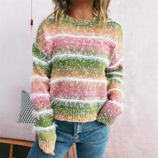 Striped Rainbow Pullover Gradient Cute Round Neck Sweater Green - Shop at LoveMi