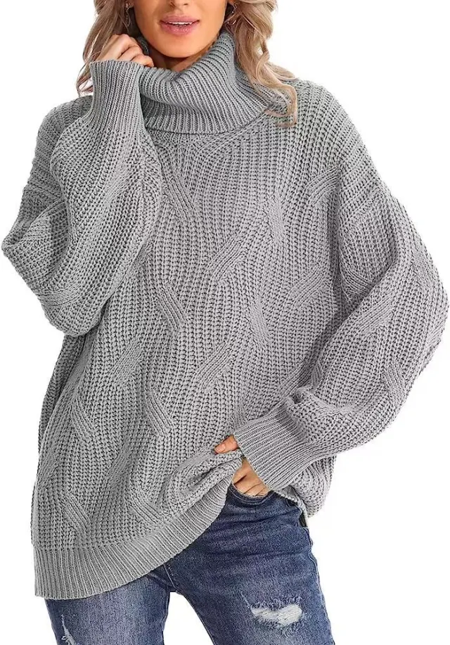 Women's Fashion Loose High Collar Twisted Knitted Sweater Pullover Long Sleeve Gray - Shop at LoveMi
