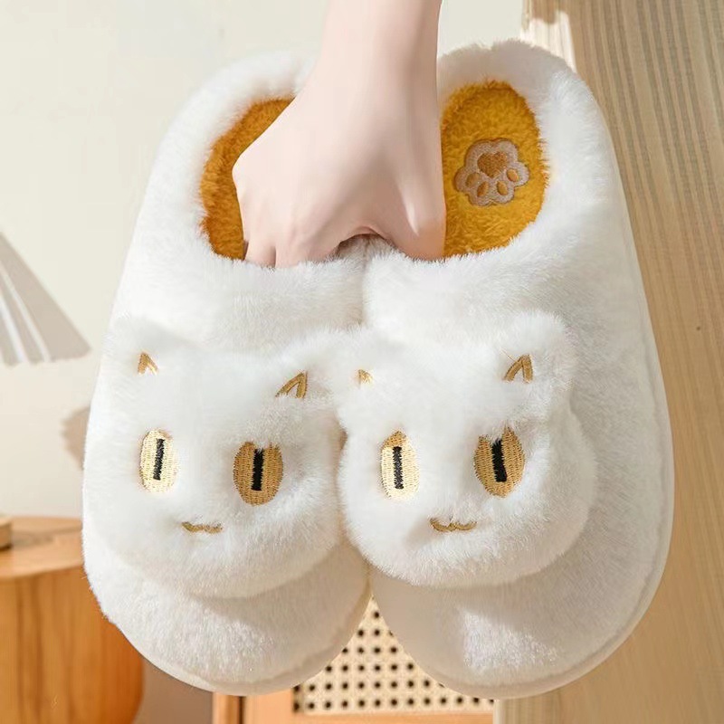 Plush Cute Cat Face Plush Cotton Slippers Soft Comfy Warm Slip-On House Slides - Picture 9 of 9