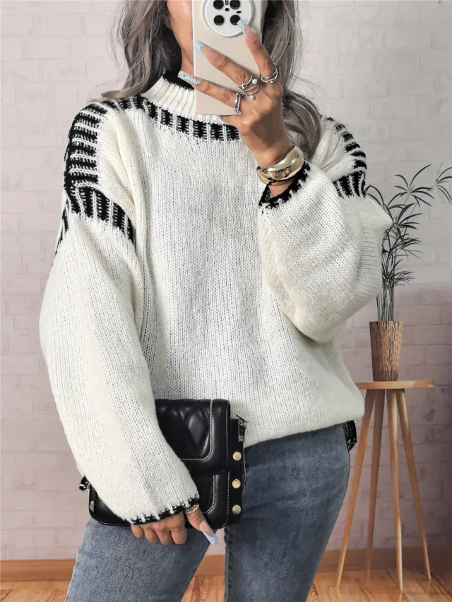 Leisure Pullover Half Turtleneck Knitted Sweater For Women Ivory - Shop at LoveMi