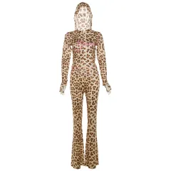 Printed Hooded Cardigan Top Leopard Print High Waist Tight Trousers Suit Women - Leopard Print - View 1
