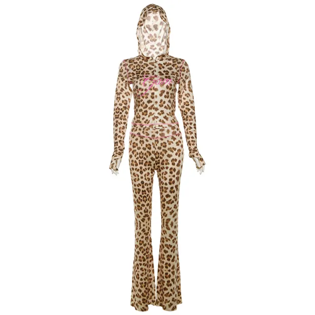 Printed Hooded Cardigan Top Leopard Print High Waist Tight Trousers Suit Women Leopard Print - Shop at LoveMi