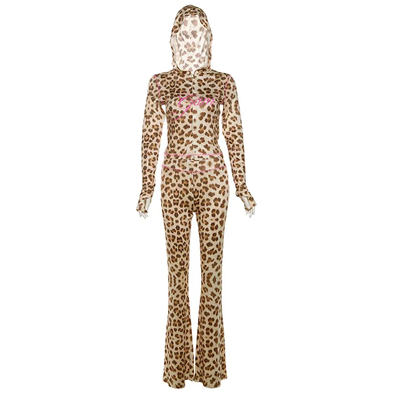 Printed Hooded Cardigan Top Leopard Print High Waist Tight Trousers Suit Women - Leopard Print
