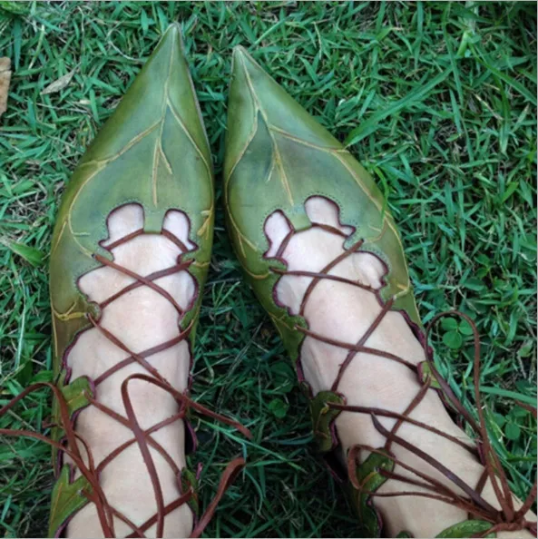 Summer Women's Flat Leaf Dress up Lace up Pointed Sandals Green - Shop at LoveMi