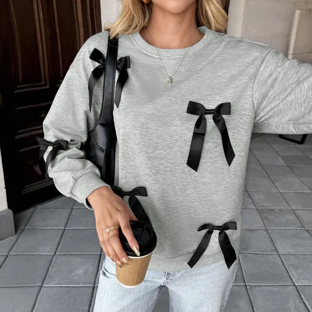 Bow Decoration Gray Round collar Sweater For Women Gray - Shop at LoveMi