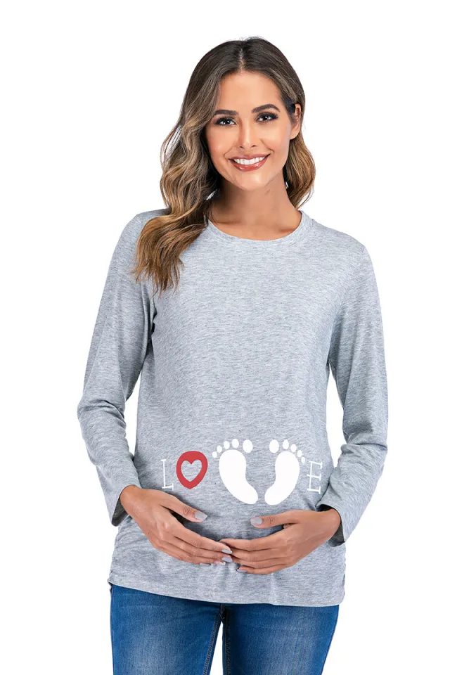 Cotton Pullover Round Neck Loose Maternity T shirt Top Light Gray - Shop at LoveMi