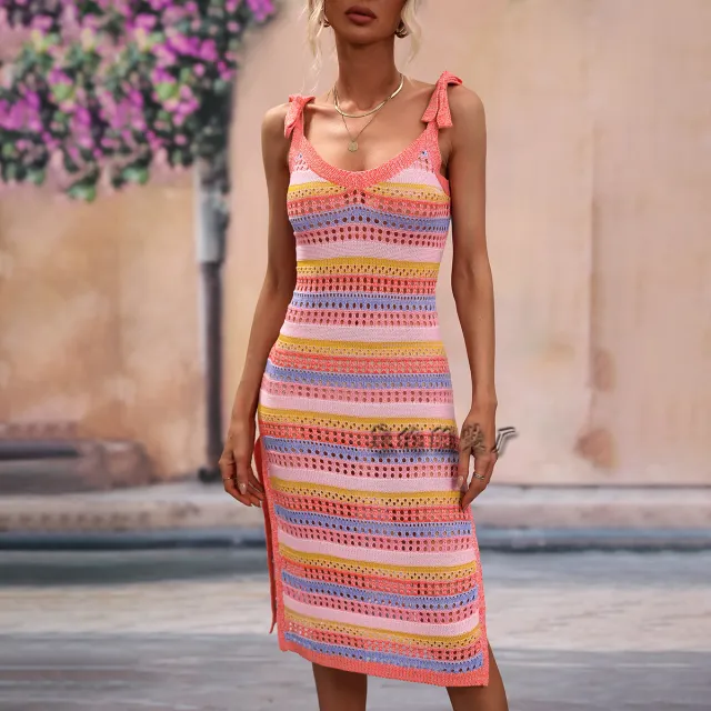 European And American Knitted Fashion Tie Temperament Long Dress Striped Women's Knitwear Orange - Shop at LoveMi