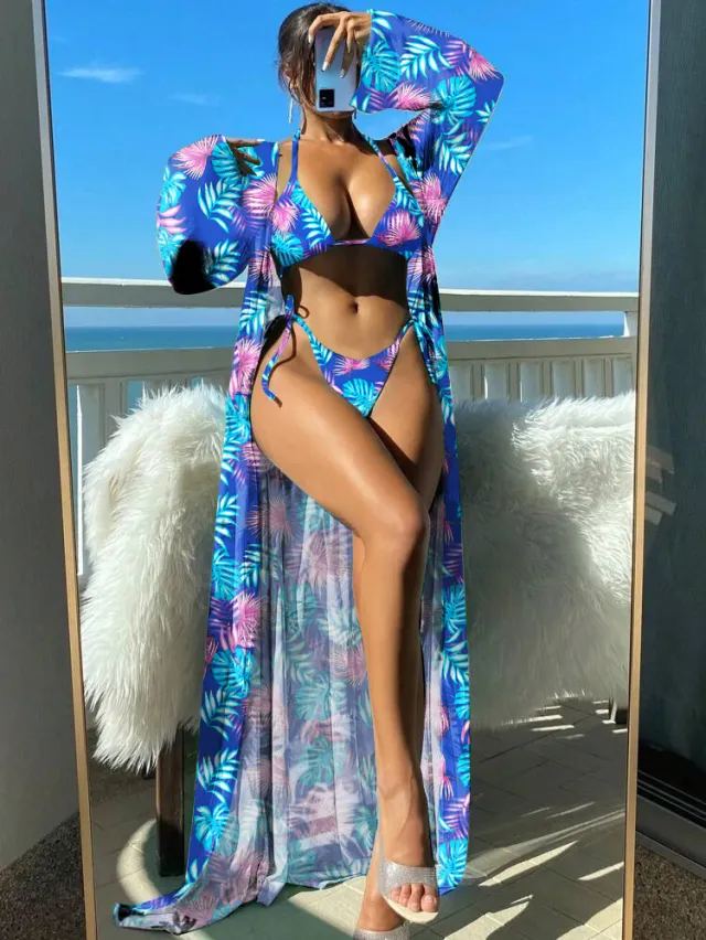 Split Long Sleeve Ins Blouse Banded Bikini Purple - Shop at LoveMi
