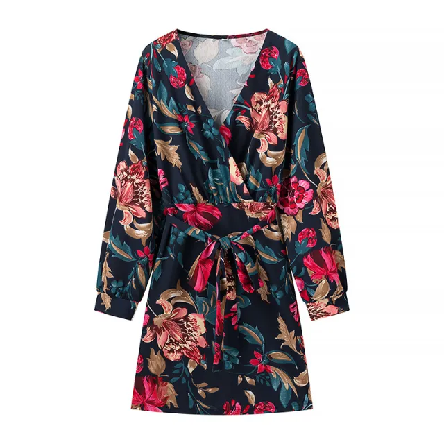 European And American Sexy Deep V Fashion Printed Shirt Dress Blue - Shop at LoveMi