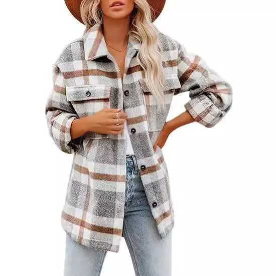 Women's Plaid Buckle Jacket Casual Fashion Long Sleeve Coat White - Shop at LoveMi