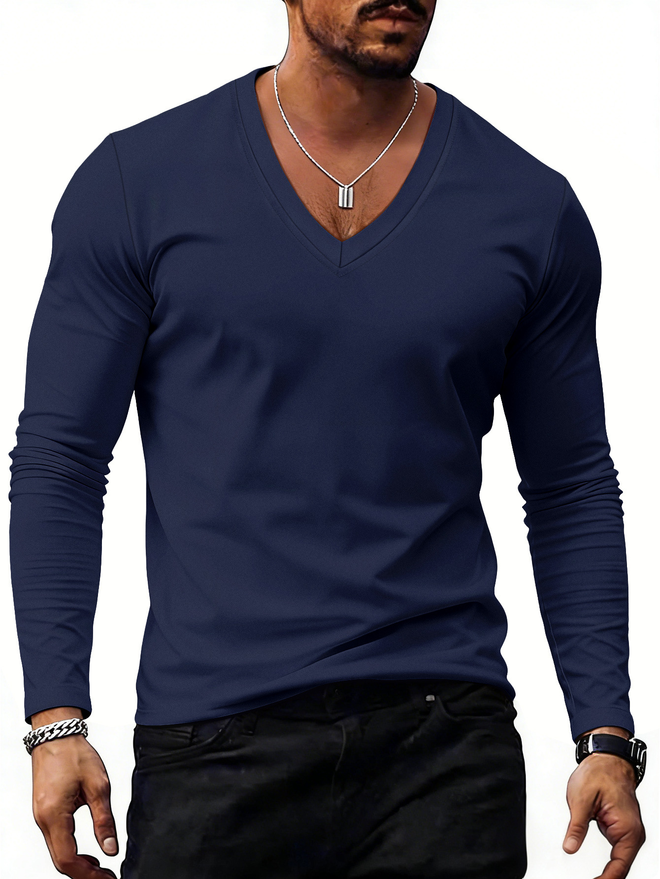 Mens Solid-Color Plus-Size Casual V-Neck T-Shirt