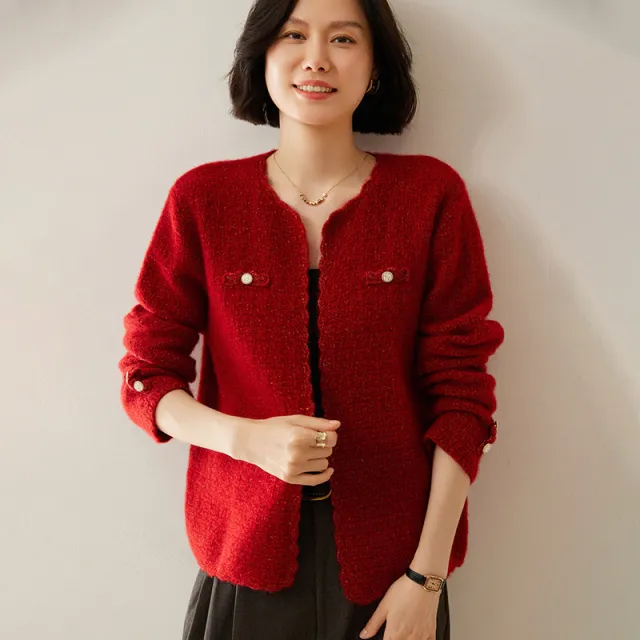 Women's Cashmere Cardigan Chanel Coat Loose Knitted Outerwear Round Neck Long Sleeve Gold And Silver Red - Shop at LoveMi