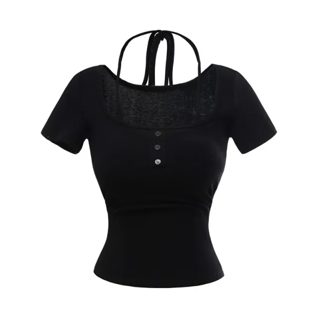 Sweet And Spicy Halter Lace up Slim fit With Brassiere Pad Fake Two Pieces Short Sleeve T shirt Black - Shop at LoveMi