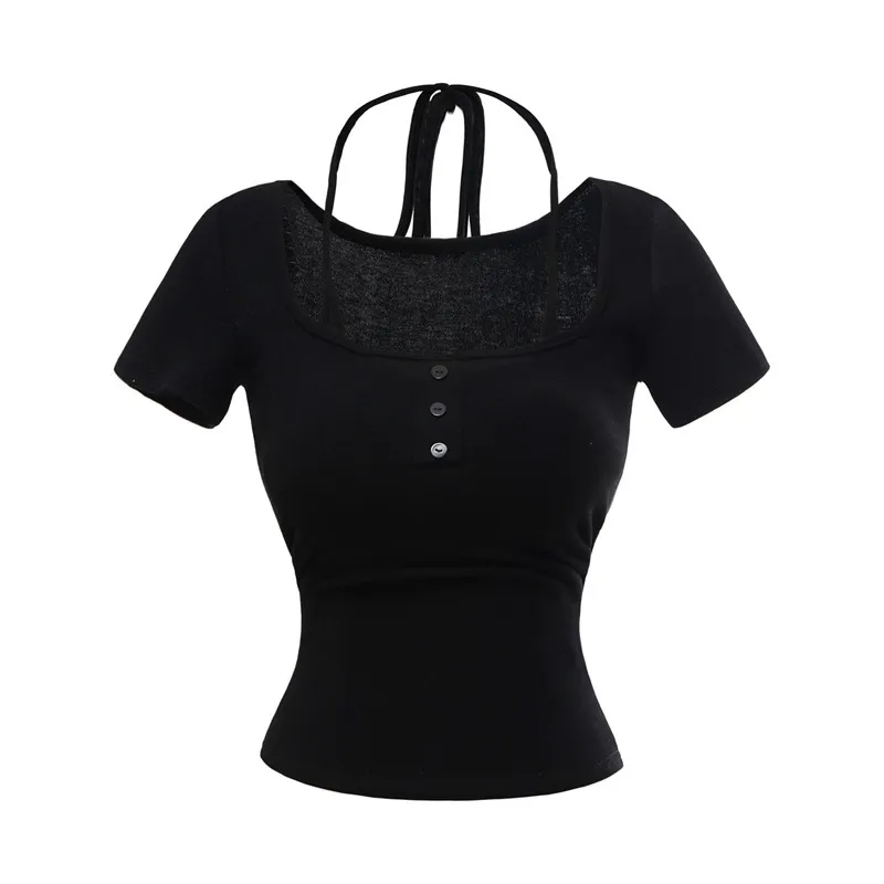 Sweet And Spicy Halter Lace-up Slim-fit With Brassiere Pad Fake Two Pieces Short Sleeve T-shirt - Black