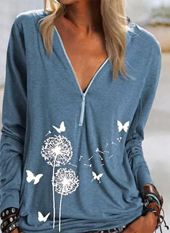Dandelion Printed Zip Top Casual Long Sleeve T shirt Blue - Shop at LoveMi