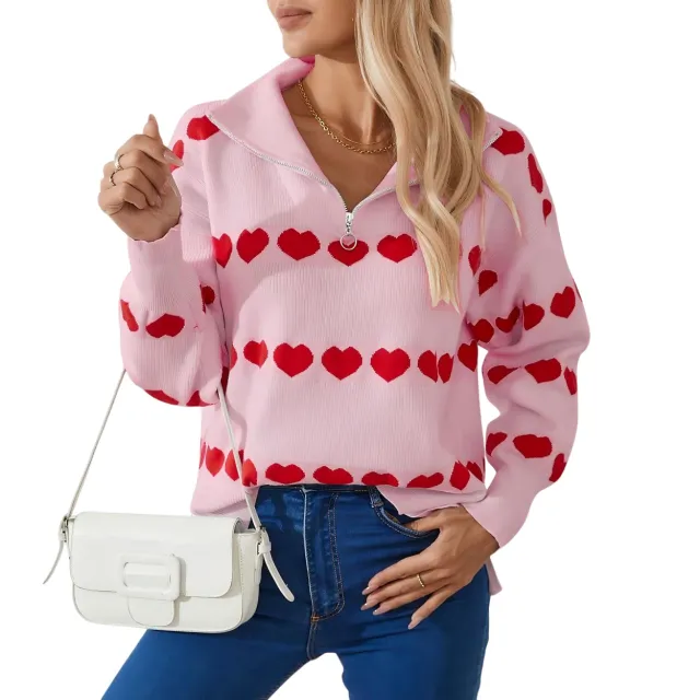 Female With Hearts Contrast Color Pullover Top Pink - Shop at LoveMi