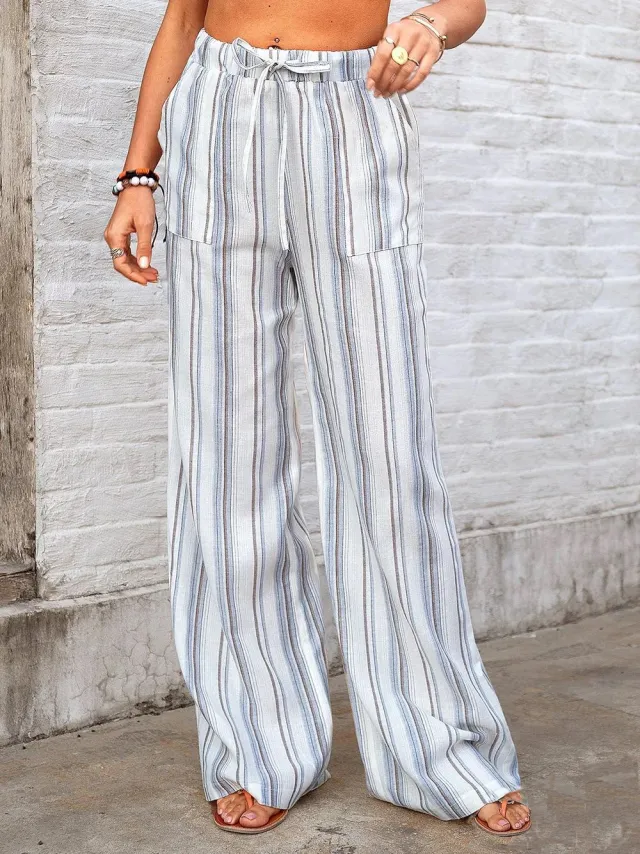 Women's Loose Striped Printed Trousers Light Blue - Shop at LoveMi