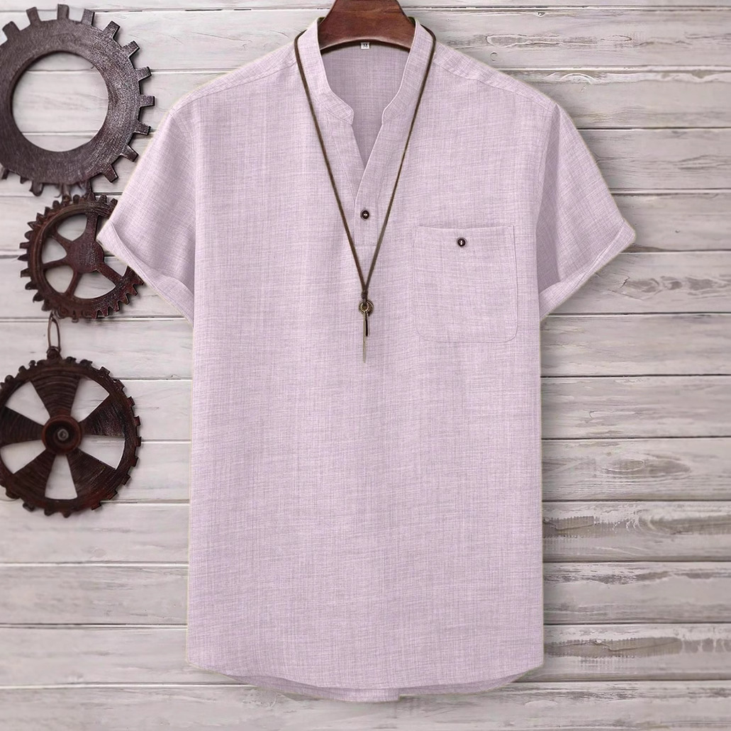 Mens Casual Short-sleeve Solid-color Shirt With A Turn-down Collar