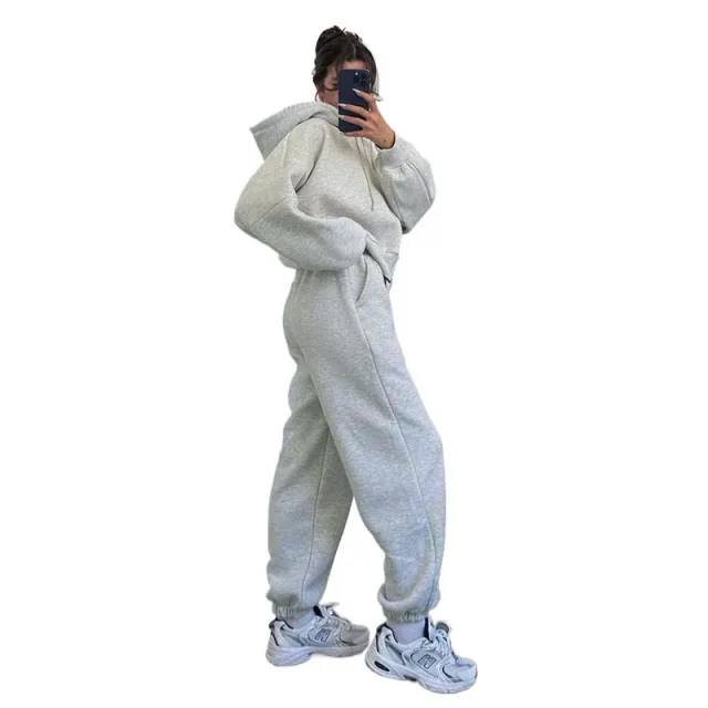 European And American Solid Color Hooded Cardigan Sweaters Women's Clothing Two piece Fashion Casual Sweatpants Suit Flower Gray - Shop at LoveMi