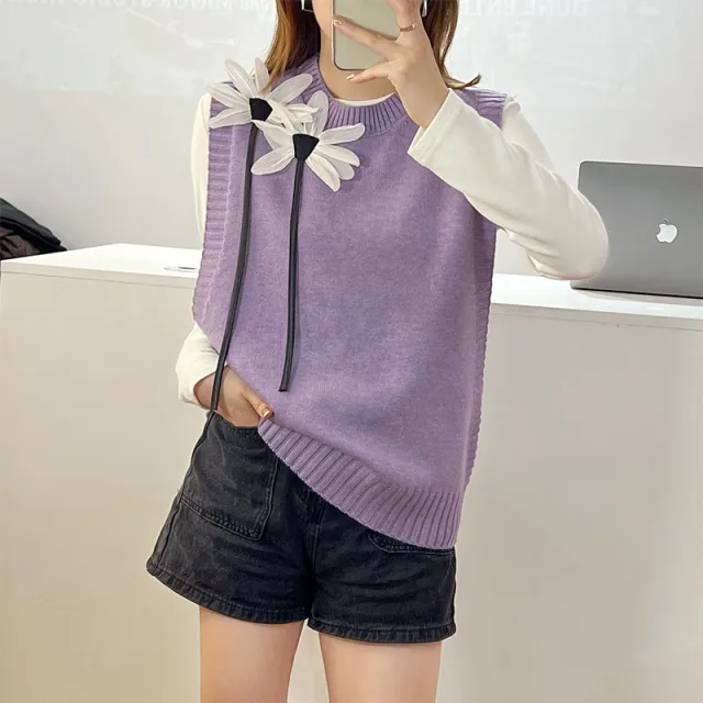Women's Round neck Loose Knitted Sweater Vest Purple - Shop at LoveMi