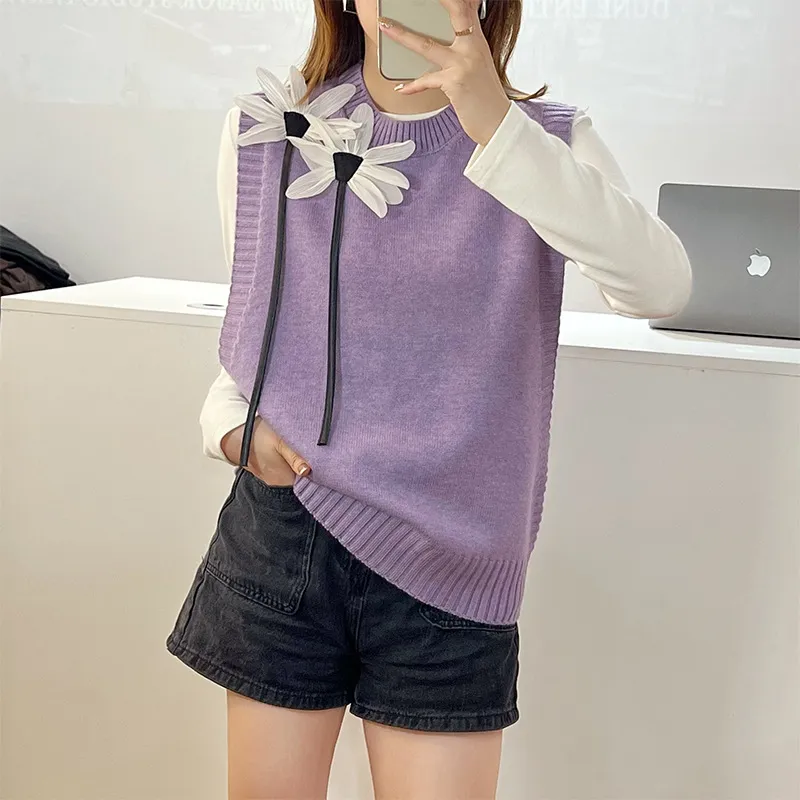 Women's Round-neck Loose Knitted Sweater Vest - Purple