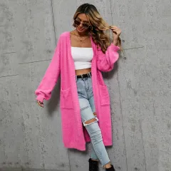 Cross Border Foreign Trade Long Solid Colour Cardigan High-end Sweater Coat - Pink - View 1