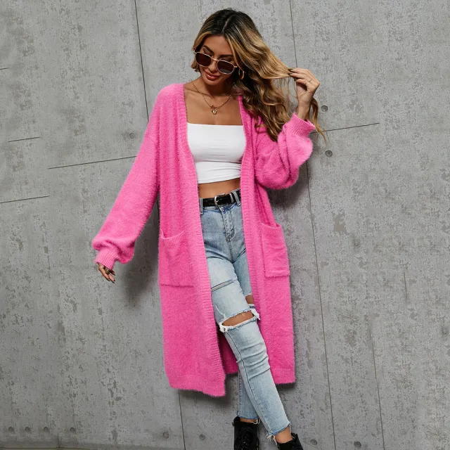 Cross Border Foreign Trade Long Solid Color Cardigan High end Sweater Coat Pink - Shop at LoveMi