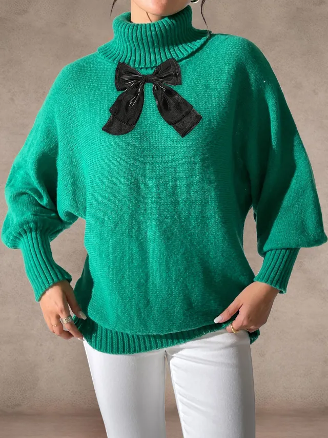 Women's Batwing Sleeve Lace Bow Patchwork Turtleneck Sweater Green - Shop at LoveMi