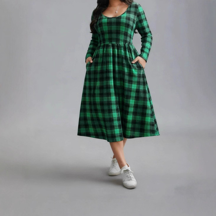 Loose Casual Pleated Plaid Round Neck Pocket Women's Dress Green - Shop at LoveMi