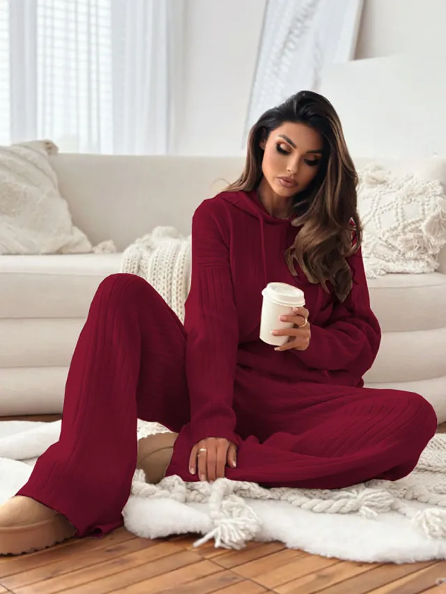 European And American Autumn And Winter Leisure Solid Color Hooded Knitted Long sleeve Suit Wine Red - Shop at LoveMi