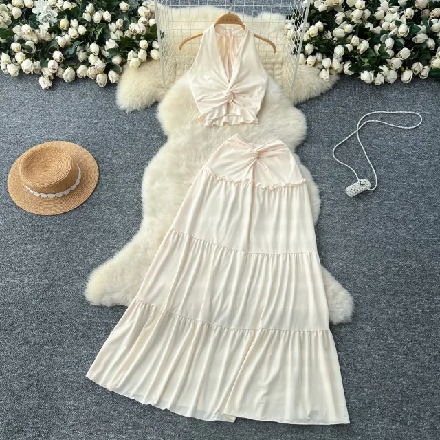 Sexy V neck Halter Top With A High waisted Skirt Apricot - Shop at LoveMi