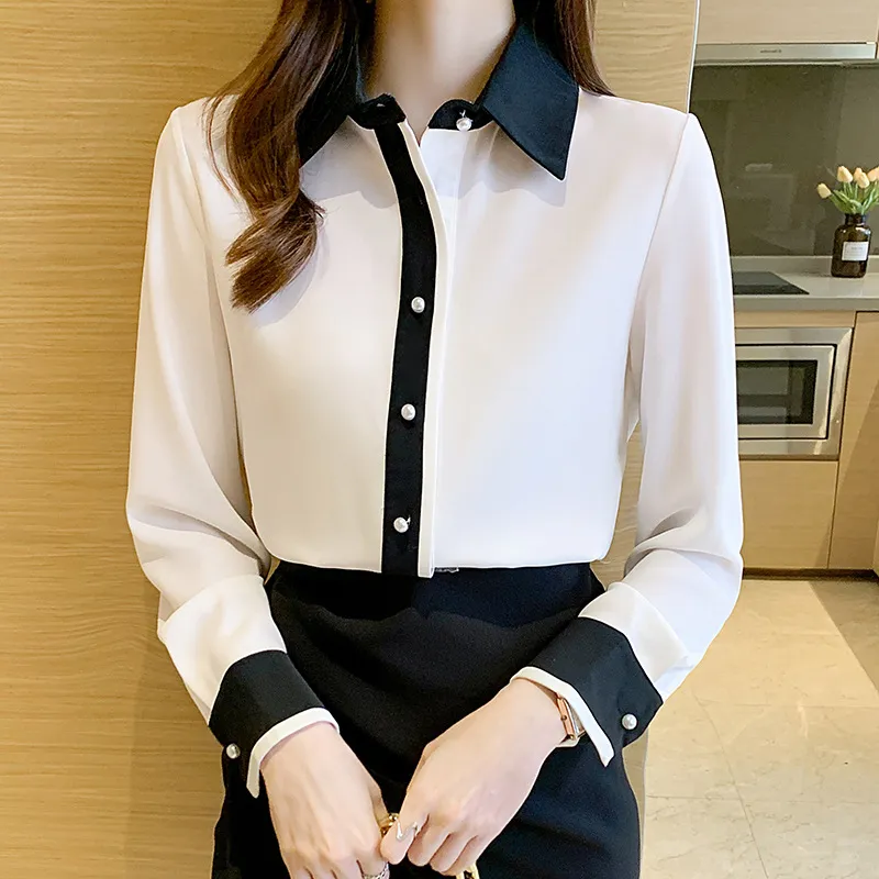 Simple Contrast Color Single Row Pearl Buckle Long Sleeve Shirt - Picture Color-2Xl