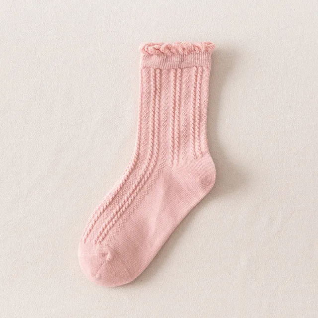 Autumn Japanese Solid Color Ins Lace Bubble Cotton Breathable Mid calf Socks Pink - Shop at LoveMi