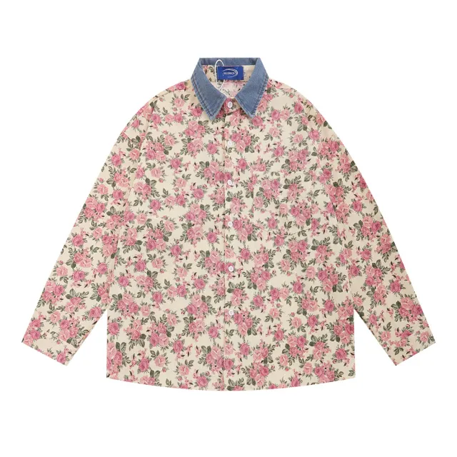 Floral Print Long Sleeve Shirt Cardigan Contrast Color Lapels Baggy Coat Pink - Shop at LoveMi