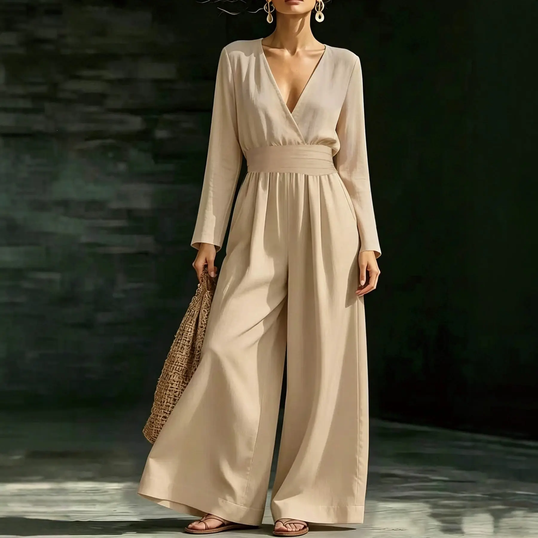 Solid-color Elegant Long-sleeve Womens Jumpsuit