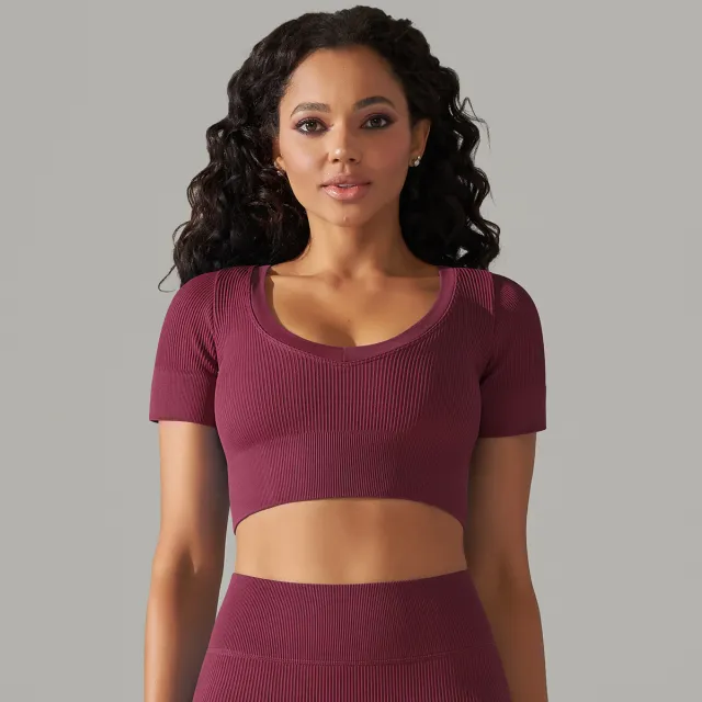 Seamless Rib Solid Color Sexy Beauty Back Yoga Clothes Sports Running Fitness Wine - Shop at LoveMi