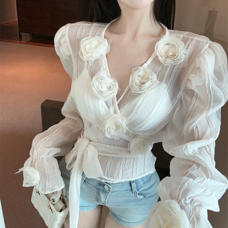 Womens Sheer Three-dimensional Floral Blouse