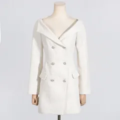 Off-shoulder Long Sleeve Waist-tight Design Pocket Stitching High-grade Sense Dress - White - View 1
