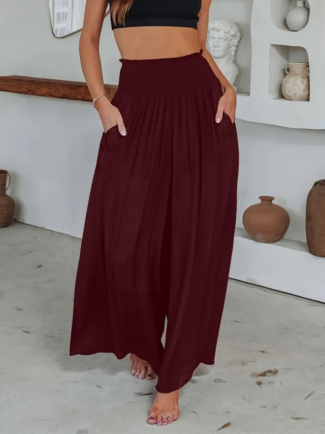 European And American Summer Fashion Casual Smocking Mid waist Women's Trousers Dark Red - Shop at LoveMi