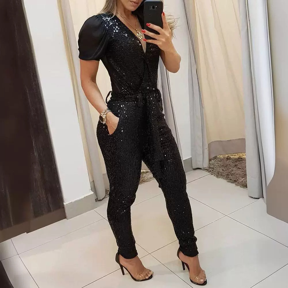 Casual Black Short-sleeve Deep-V Sequin Jumpsuit