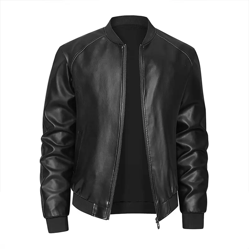 Mens Stand-Neck Casual Stylish Leather Jacket