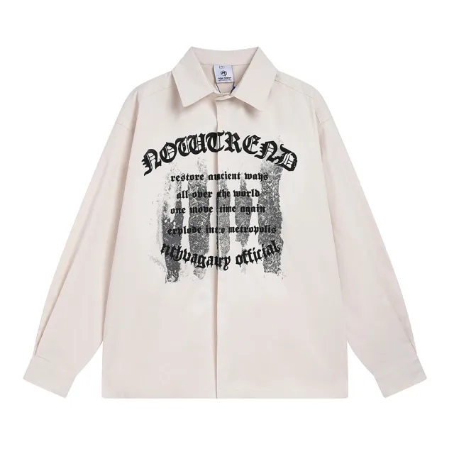 Dark Letter Printed Long sleeved Shirt Spring And Autumn Casual Polo Collar Coat Japanese Loose Apricot - Shop at LoveMi