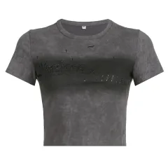 American Retro Washed And Worn Letter Print Short-sleeve - Grey - View 1