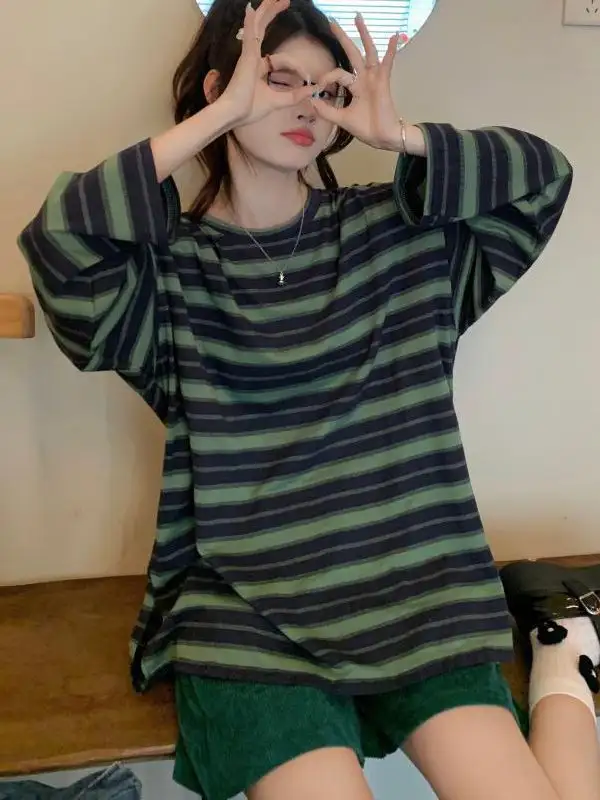 Large Size Striped Loose Slimming Long Sleeves T-shirt Preppy Style Top