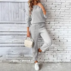 Round-neck Fashionable Top Hoodie Pocket Casual Straight-leg Pants Women's Clothing - Light Gray - View 1