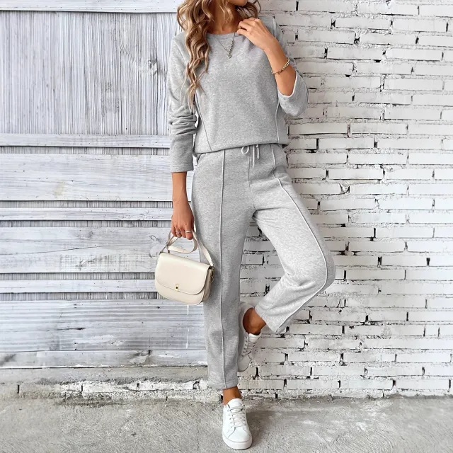 Round neck Fashionable Top Hoodie Pocket Casual Straight leg Pants Women's Clothing Light Gray - Shop at LoveMi