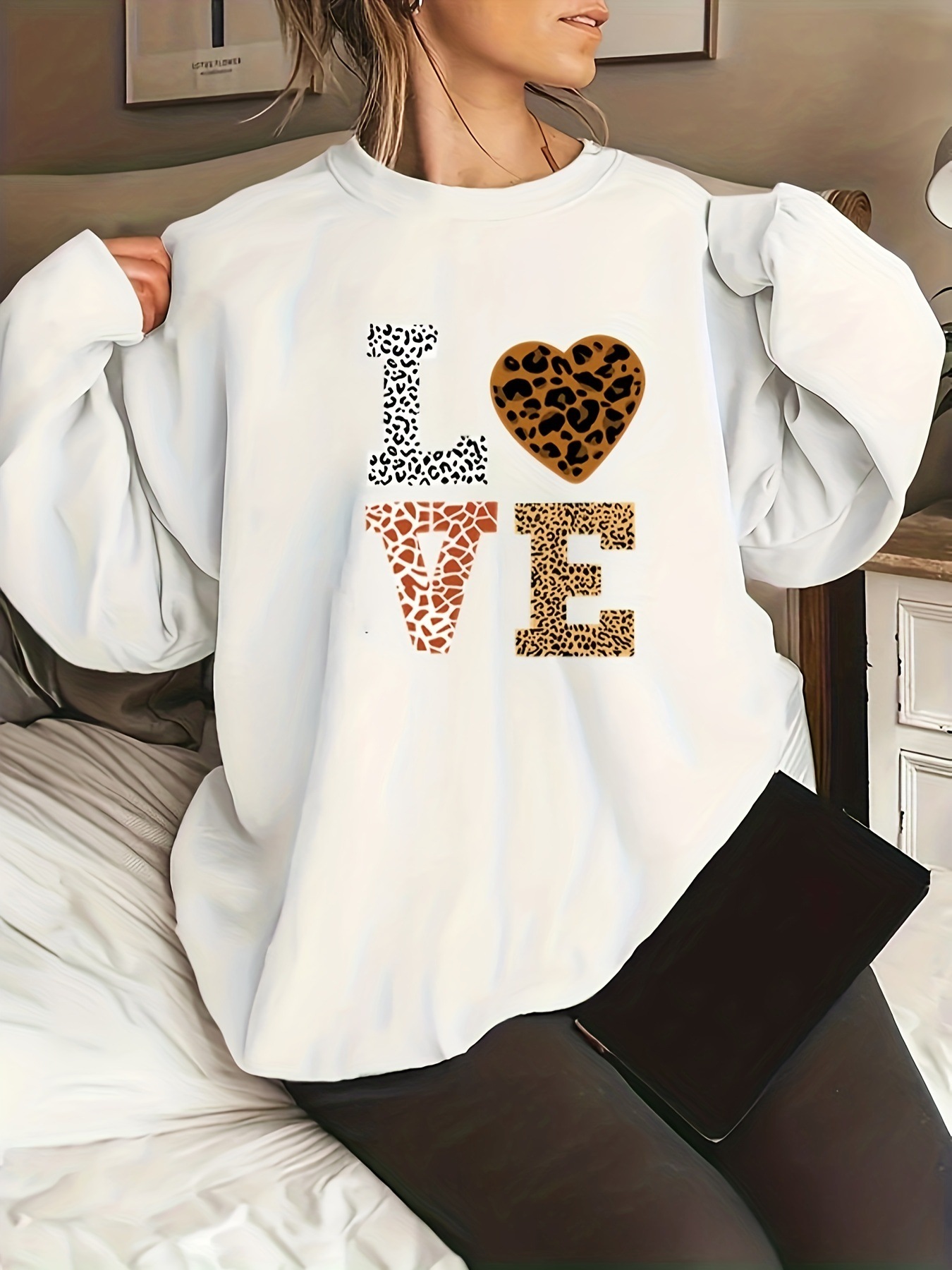 Title 2, Round Neck Leopard Print Love Plus Size Sweater...