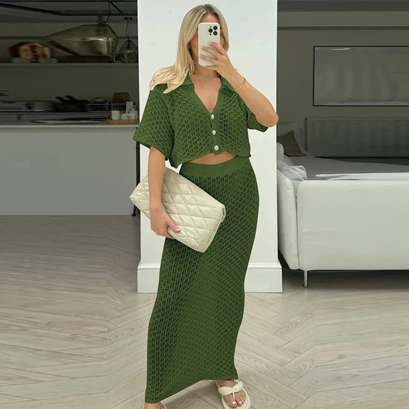 Women's Hollow Short Sleeve Beach Knitting Suit Army Green - Shop at LoveMi