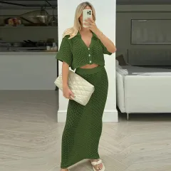 Women's Hollow Short Sleeve Beach Knitting Suit - Army Green - View 1